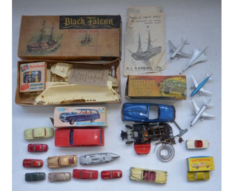 Boxed Telsalda friction powered Ford Cortina estate, Tri-ang No2 Minic clockwork sports car, with original box (model dis-ass