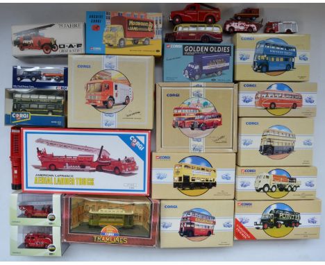 Collection of diecast model buses, trucks and fire engines, various manufacturers and scales to include Oxford Diecast 1/76 f