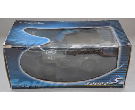 Solido 1/18 scale diecast Willy's Jeep model, contents near mint (dusty) with transfer set and instructions, box poor 