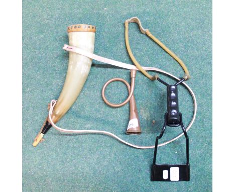 Modern cow horn powder flask with shoulder strap, unusual looped copper hunting horn, Marksman catapult (3) 