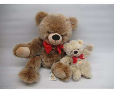 Steiff cosy bear Bobby in brown with red ribbon, H64cm, and a Steiff cosy bear Bobby in white with red ribbon, H33cm 