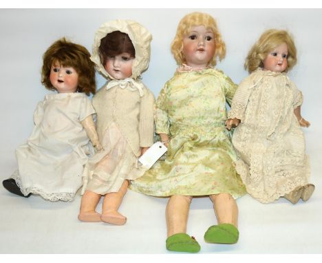 German bisque head dolls, comprising two with Armand Marseille marks, and two with Heubach and Koppelsdorf marks, max. H58cm 