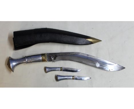 Ceremonial kukri knife with engraved blade, steel handle and brass pommel, in scabbard blade 12" with utility knife and fire 