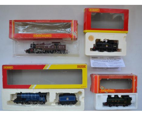 Four Hornby electric locomotive models to include R505 LMS 2-6-4T Class 4P, R150 BR B12, R300 GWR Class 57XX pannier tank eng
