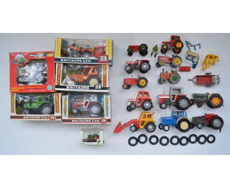 Five boxed vintage Britain's 1/32 scale tractor models to include Massey Ferguson set 9529, 9502 and 9522. Also Deutz set 952