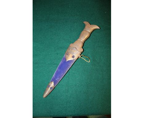 Indo-Persian wootz steel dagger with very thick blade and deep fullers. Ornately inlaid handle and scabbard. Blade length 8-5