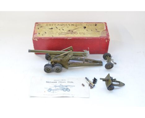 Vintage boxed Britain's 155mm gun (No 264) with instruction sheet a/f, elevation control not working, and another smaller Bri