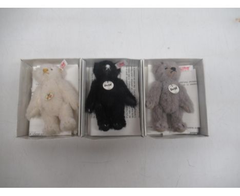 Steiff club miniature bears including 2008 white bear, 2009 black bear, 2010 grey bear (3) 