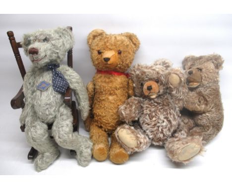 Schildkrot grey bear in rocking chair and three mid C20th and later bears incl. a Hermann open mouthed bear 