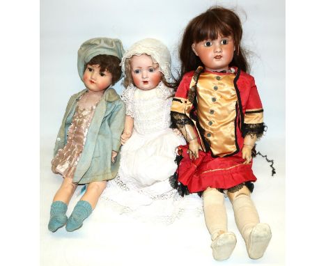 Bisque head dolls, one marked BP 585, another marked SPFJ Paris 13, and an Armand Marseille doll 390, max. H73cm (3) 