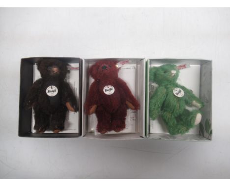 Steiff club miniature bears including 2011 brown bear, 2012 maroon bear, 2014 green bear (3) 