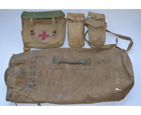 M &amp; Co British military medics webbing bag dated 1942, 2 British Army webbing pouches and a canvas kit bag stamped R Burn