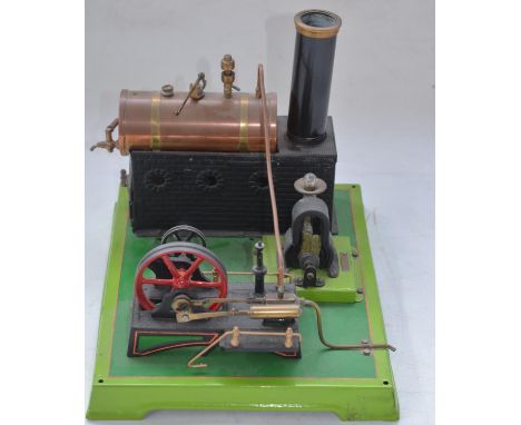Steam powered model horizontal mill engine with boiler, drive gear and 2 volt 0.1 amp generator, no makers marks, base W28cm 