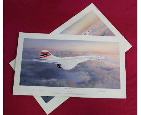 THE JUBILEE FLIGHT.2X print by Stephan Brown showing Concorde and the Red Arrows in tight formation fly past for the Queen's 