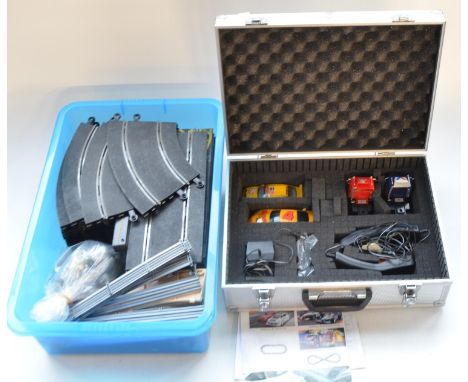 Collection of Scalextric track, accessories, controllers, 2 racing trucks and 2 cars 