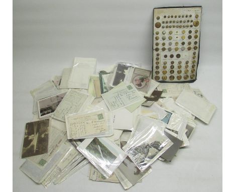 Collection of early to mid c20th postcards and button sample board from a Royal Navy military outfitters (qty) 