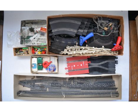 Collection of Scalextric track, controllers, 6 cars, scenic accessories, buildings etc and a quantity of OO gauge railway tra