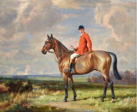 Wright Barker RBA (1864-1941) Bay hunter with Harry Land up, standing in an extensive landscape Signed, oil on canvas, 70cm b