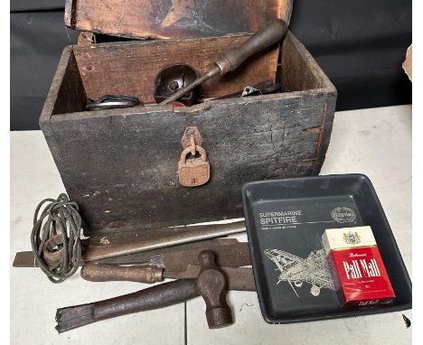 A vintage tool box and a selection of vintage tools along with a Hayens spitfire ashtray and vintage Pall mall cigarette box 