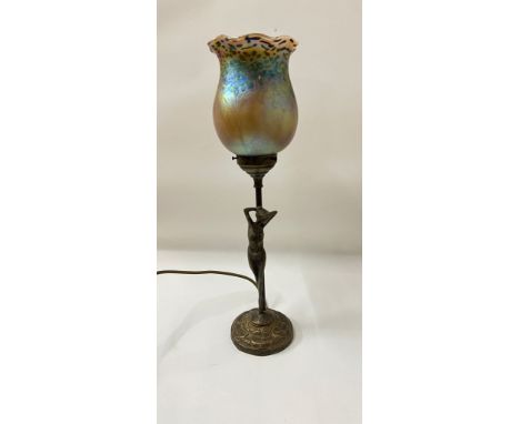 An Art Nouveau style figure table lamp with Heron glass shade H49cm 