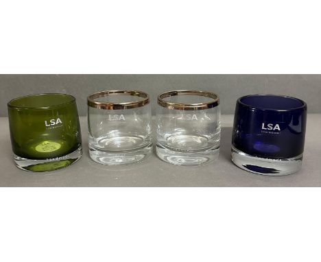 Four L.S.A tea light holders, two clear glass, one purple and one green 