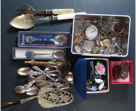 A Norwegian Silver and Enamel Leaf Brooch, silver ingot pendant, silver fob watch, two silver spoons, plated spoons etc. 