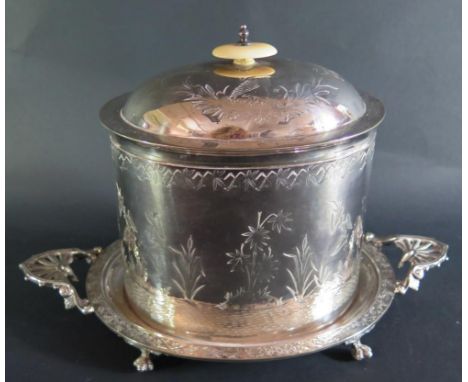 A Victorian Silver Plated Oval Biscuit Barrel with chased bird and foliate decoration and ivory finial **IVORY _ UK BIDDING O