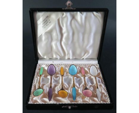 A Cased Set of Six Danish Frigast Silver Gilt and Guilloché Enamel Coffee Spoons, 60g 
