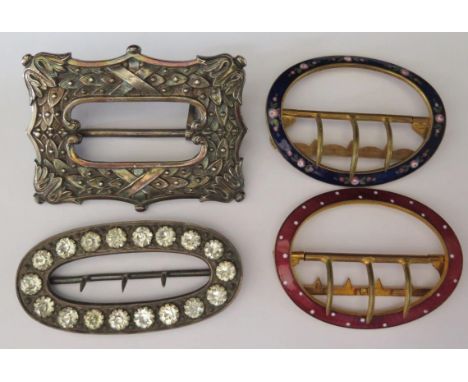 A Victorian Silver and Paste Buckle Chester 1900 AJS, Birmingham 1894 silver buckle and two gilt and enamel buckles 