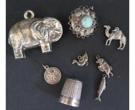 A Silver Baby's Elephant Rattle 'BABY BINGO SERIES' Birmingham 1947, Charles Horner silver thimble and charms 