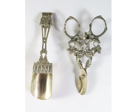 A Pair of .800 Silver Grape Scissors and caddy spoon, 69g 