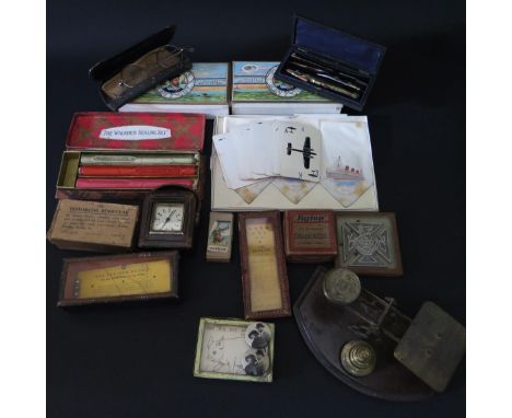 A Collection of Oddments including toys _ 'Jigtop', 'The V.C. Puzzle', two&nbsp;George VI and Queen Mary badges, set of R.M.S