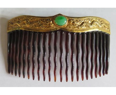 An Unmarked Chinese Precious Yellow Metal, Jadeite and Tortoise Shell Hair Comb 