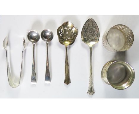 A Pair of Georgian Silver Salt Spoons, other flatware and two napkin rings, 98g 