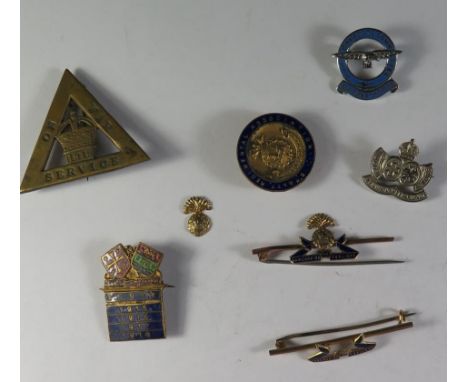 Two 9ct Gold and Enamel Lancashire Fusiliers Brooches 5.4g gross (A/F), 1916 ON WAR SERVICE Badge etc. 