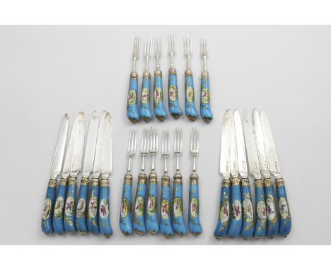 A CASED MATCHED SET OF TWELVE PAIRS OF DESSERT KNIVES AND FORKS with antique sèvres-style porcelain pistol handles painted wi