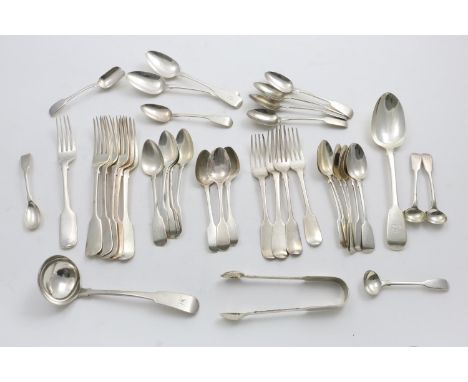MIXED FIDDLE PATTERN FLATWARE:- a table spoon, a set of 5 Victorian table forks, a Scottish sauce ladle, a table fork, 4 dess
