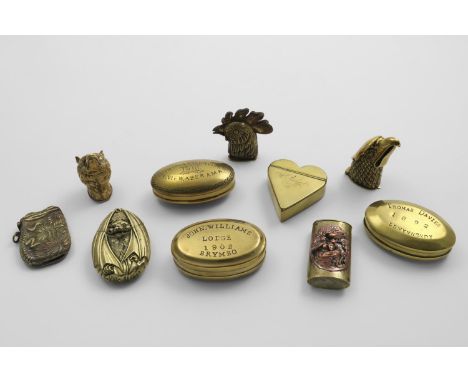 SIX VARIOUS BRASS VESTA CASES a heart-shaped snuff box, inscribed and dated "W.Stothart 1844" and three Welsh brass oval snuf