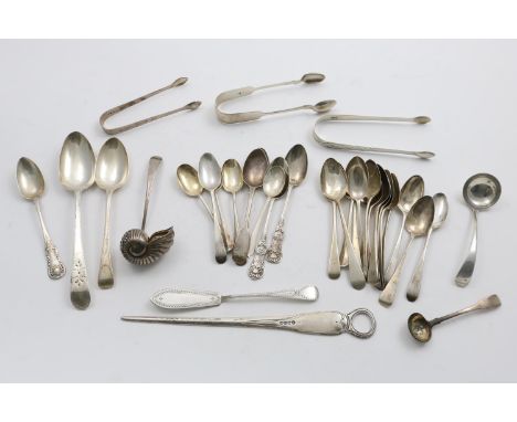 MISCELLANEOUS FLATWARE &amp; CUTLERY:- 24 various teaspoons (including some fancy backs), an engraved table spoon, an engrave