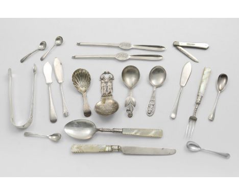 A MIXED LOT: 2 Danish caddy spoons, a Fiddle pattern caddy spoon, initialled, a Scottish themed caddy spoon "MARY HAD A LITTL