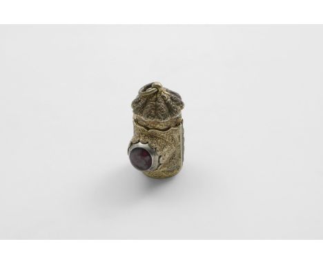 A VICTORIAN VINAIGRETTE  in the form of a railwayman's lantern with a ring handle, chased decoration and a hinged base, the b