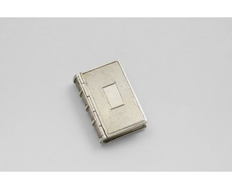 A WILLIAM IV ENGINE-TURNED VINAIGRETTE in the shape of a book with a vacant rectangular cartouche on the cover, the grille wi