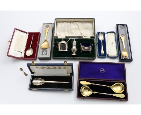 MISCELLANEOUS CASED SETS:- a reproduction Roman spoon, a teaspoon, initialled "RDFB", a reproduction of a fruitlet knop spoon