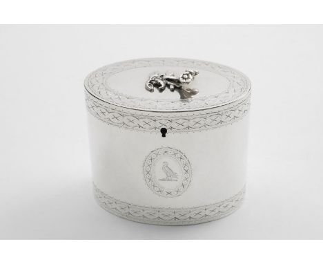 A GEORGE III BRIGHT-CUT OVAL TEA CADDY with an oval cartouche on the front, crested and a flower finial, by George Gray, Lond