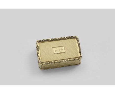 AN EARLY VICTORIAN GOLD VINAIGRETTE  of rectangular outline with engine-turned decoration and raised borders, the cartouche i