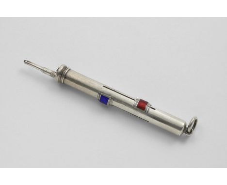 A LATE VICTORIAN THREE-COLOUR PENCIL (red, blue and black) with coloured enamel sliders and a suspensory ring, incuse maker's