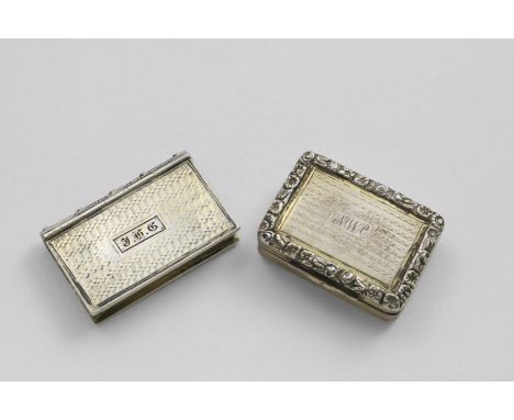 A GEORGE IV RECTANGULAR SILVERGILT VINAIGRETTE with engine-turning and a raised floral border, initialled, the grille with a 
