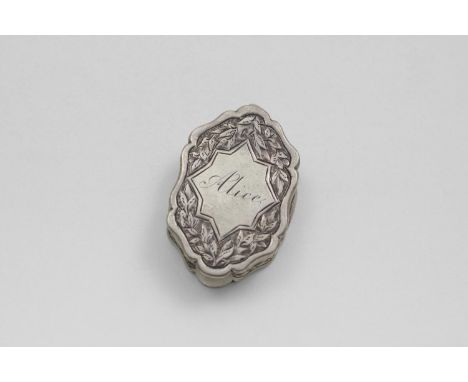 A VICTORIAN ENGRAVED VINAIGRETTE of shaped oval outline with an octagonal cartouche, inscribed "Alice" and a sacred dome gril