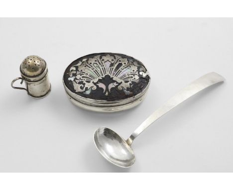 A SCOTTISH HAND-MADE SMALL LADLE maker's mark "BH", Edinburgh 1868, a late Victorian "Kitchen" pepper, Birmingham 1898 and a 