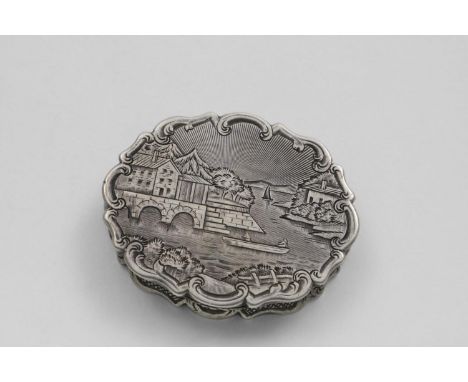 A VICTORIAN ENGRAVED VINAIGRETTE of shaped oval outline, with a view of houses and boats in a mountain river landscape, the b